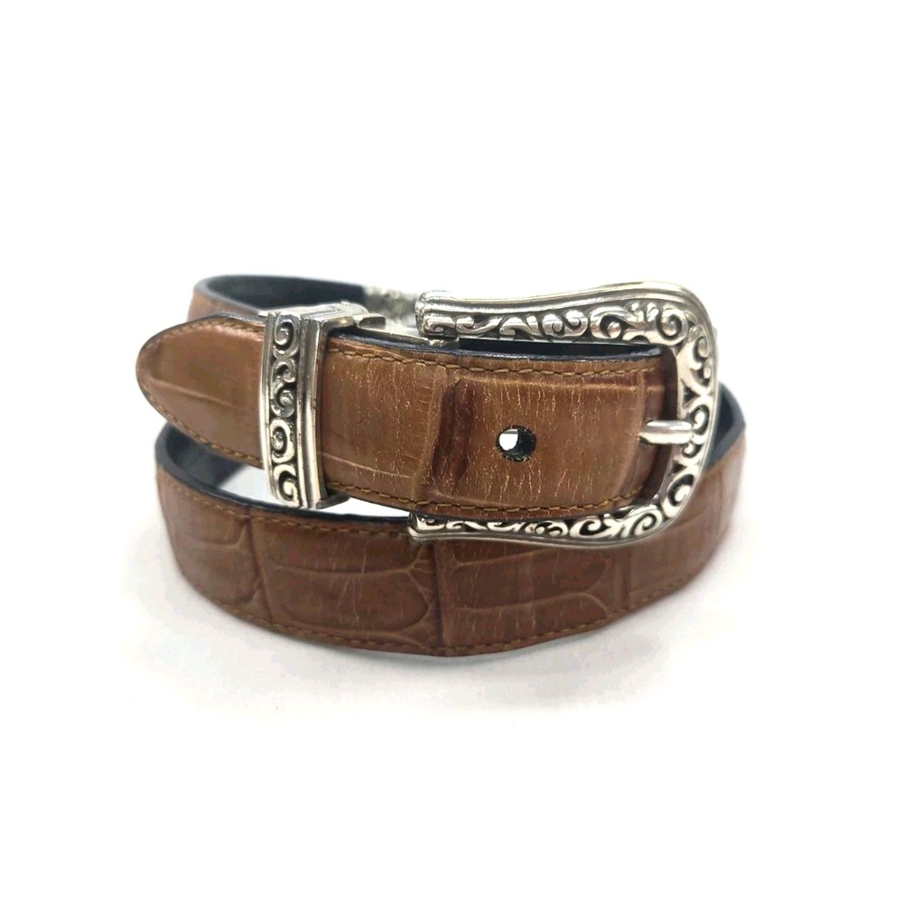 Brighton Belt Sz M/30 Brown Black Croc Embossed Leather Reversible Silver Tone